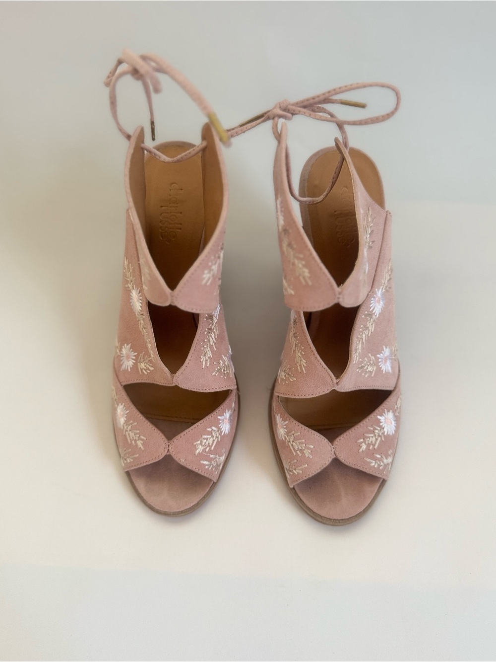 Charlotte Russe Lace-Up Embroidered Suede Wedge Sandals - Blush Pink